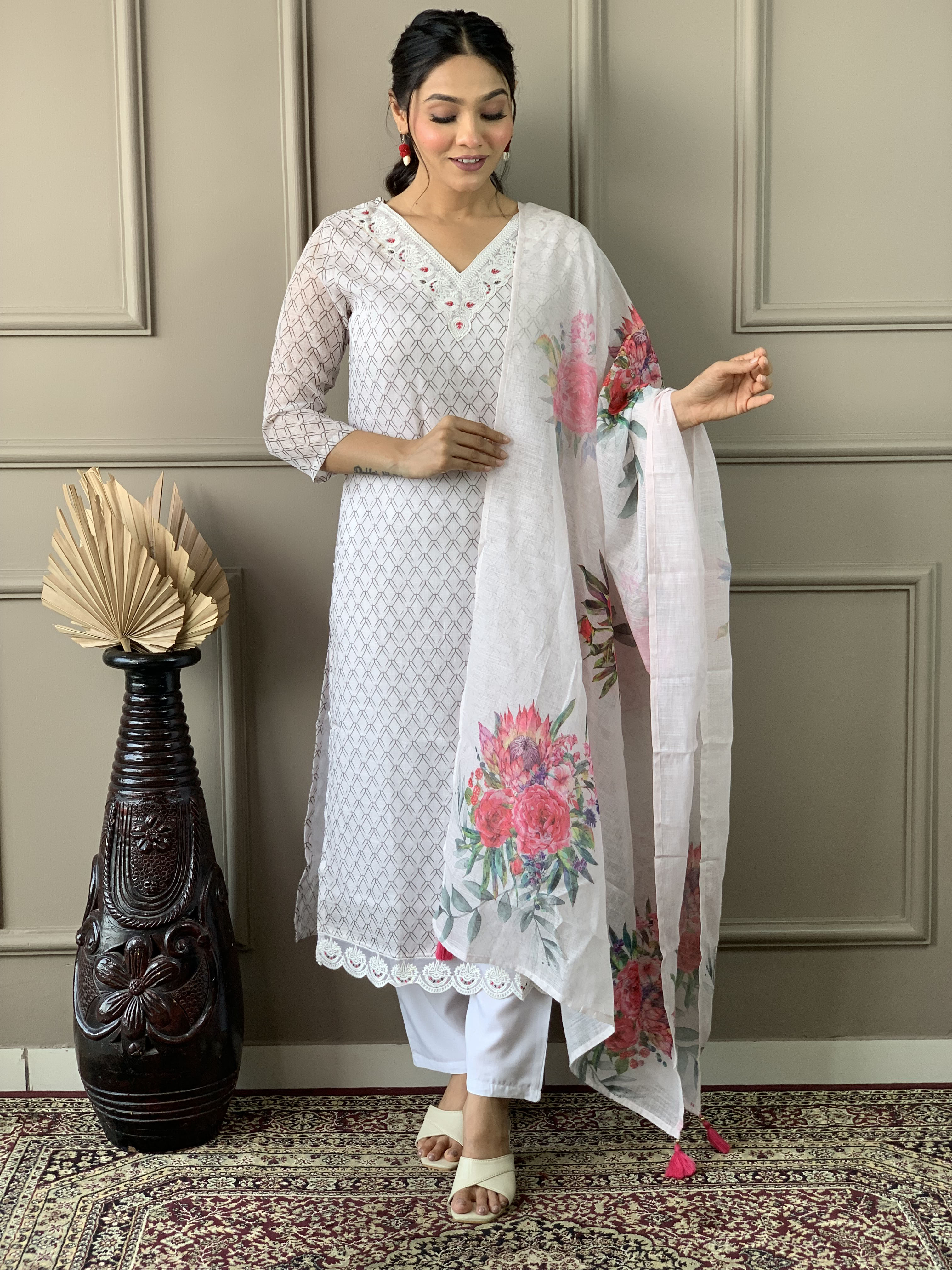 White Linen Cotton Embroidered Straight Kurta with Pant