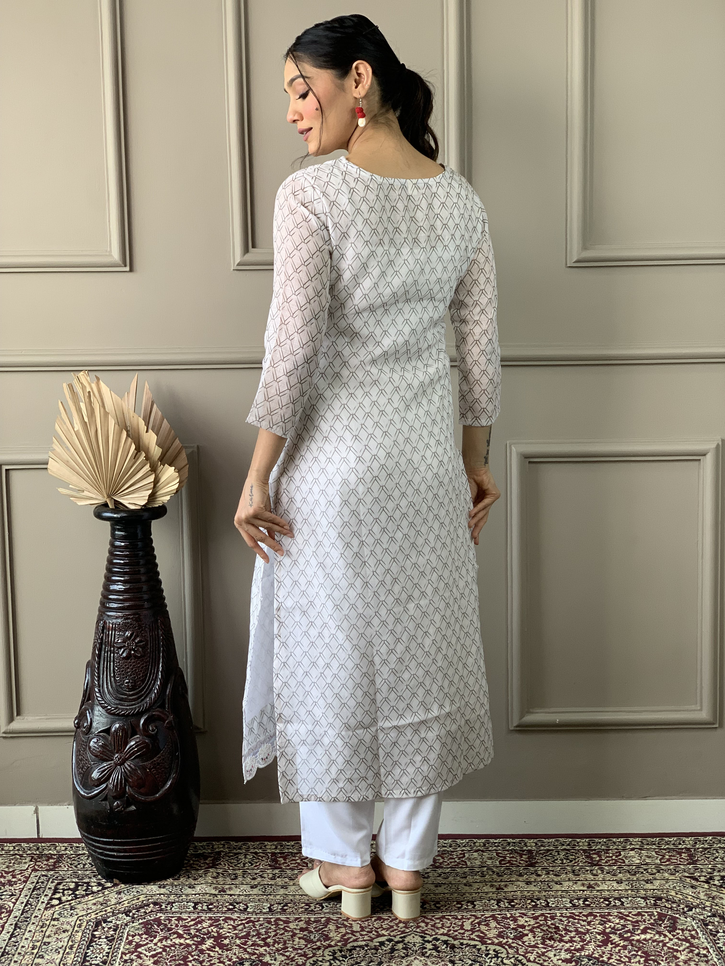 White Linen Cotton Embroidered Straight Kurta with Pant