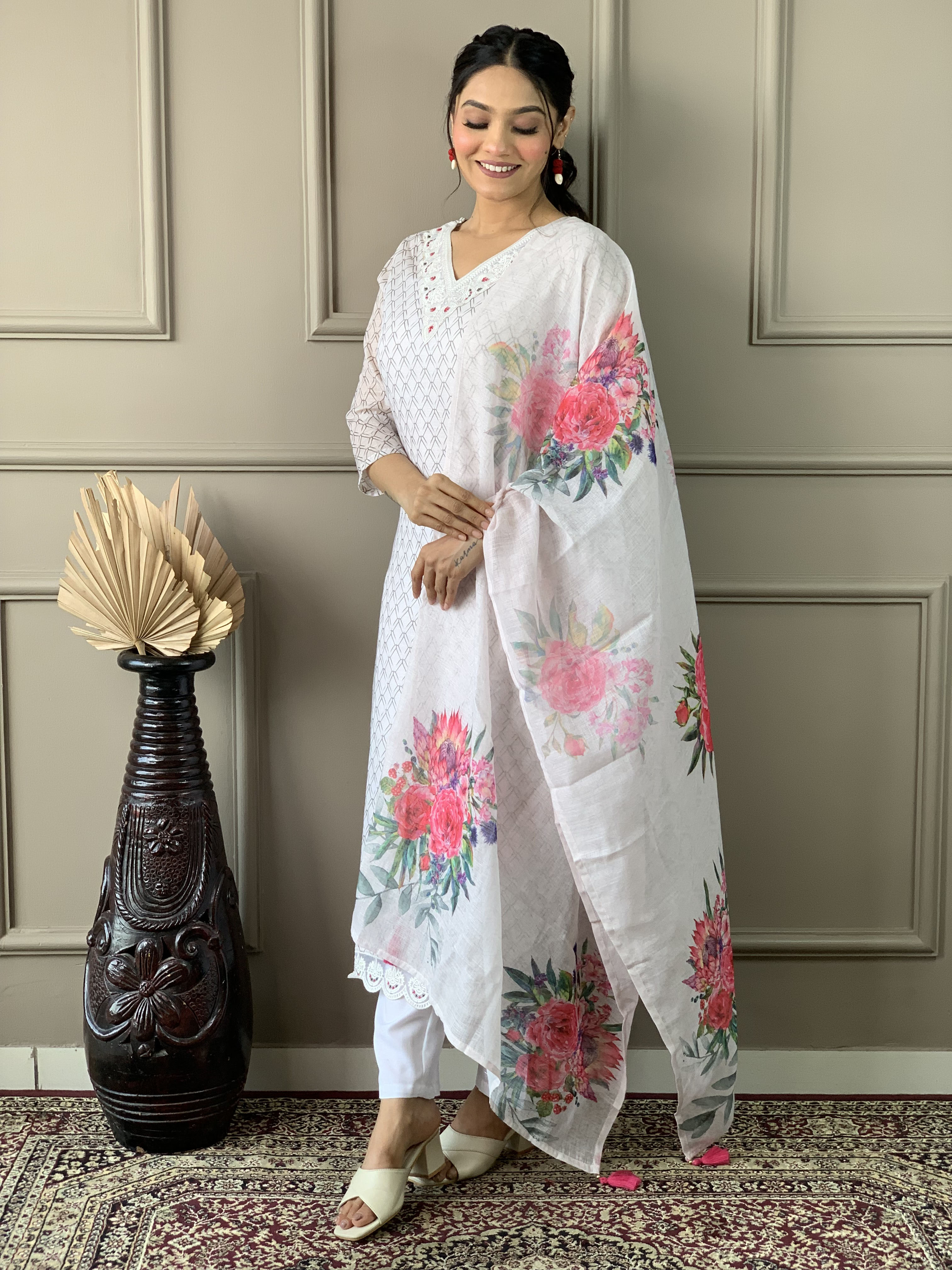 White Linen Cotton Embroidered Straight Kurta with Pant