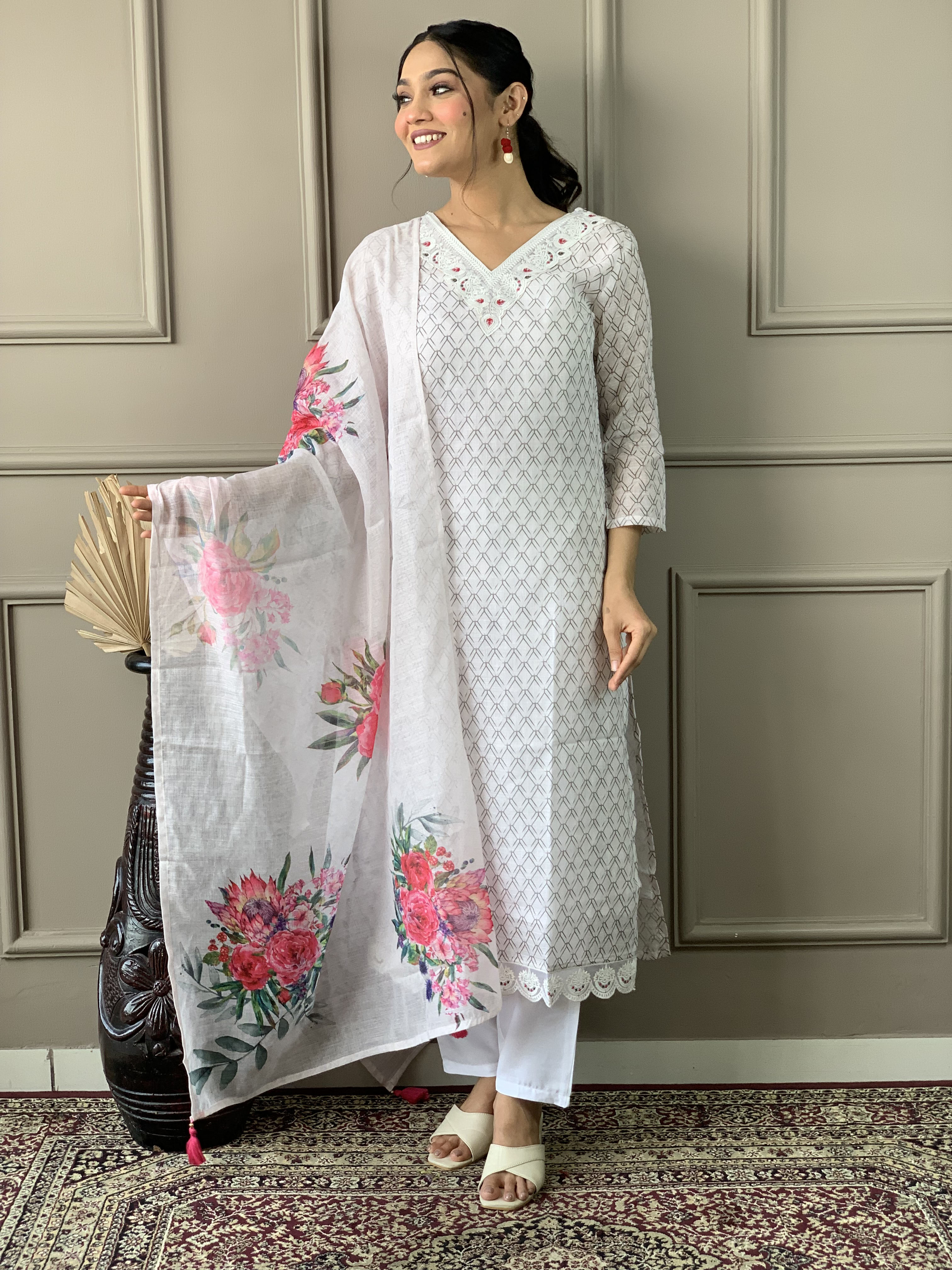 White Linen Cotton Embroidered Straight Kurta with Pant