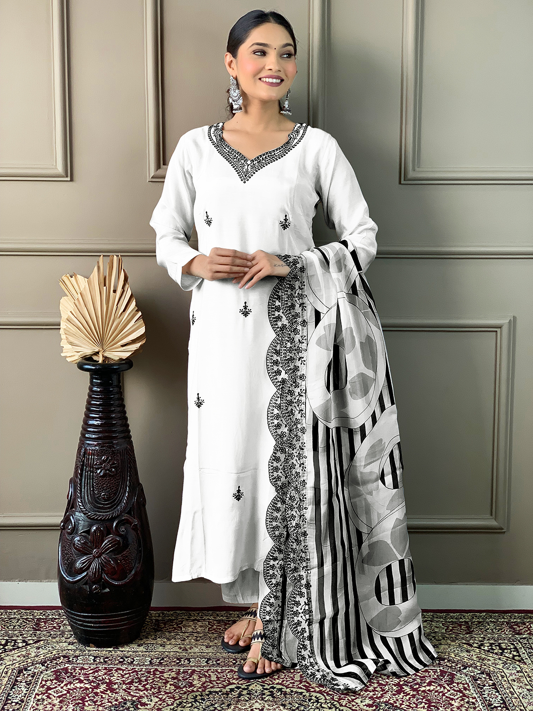 Women White Color Embroidery Straight Kurta Pant With Dupatta