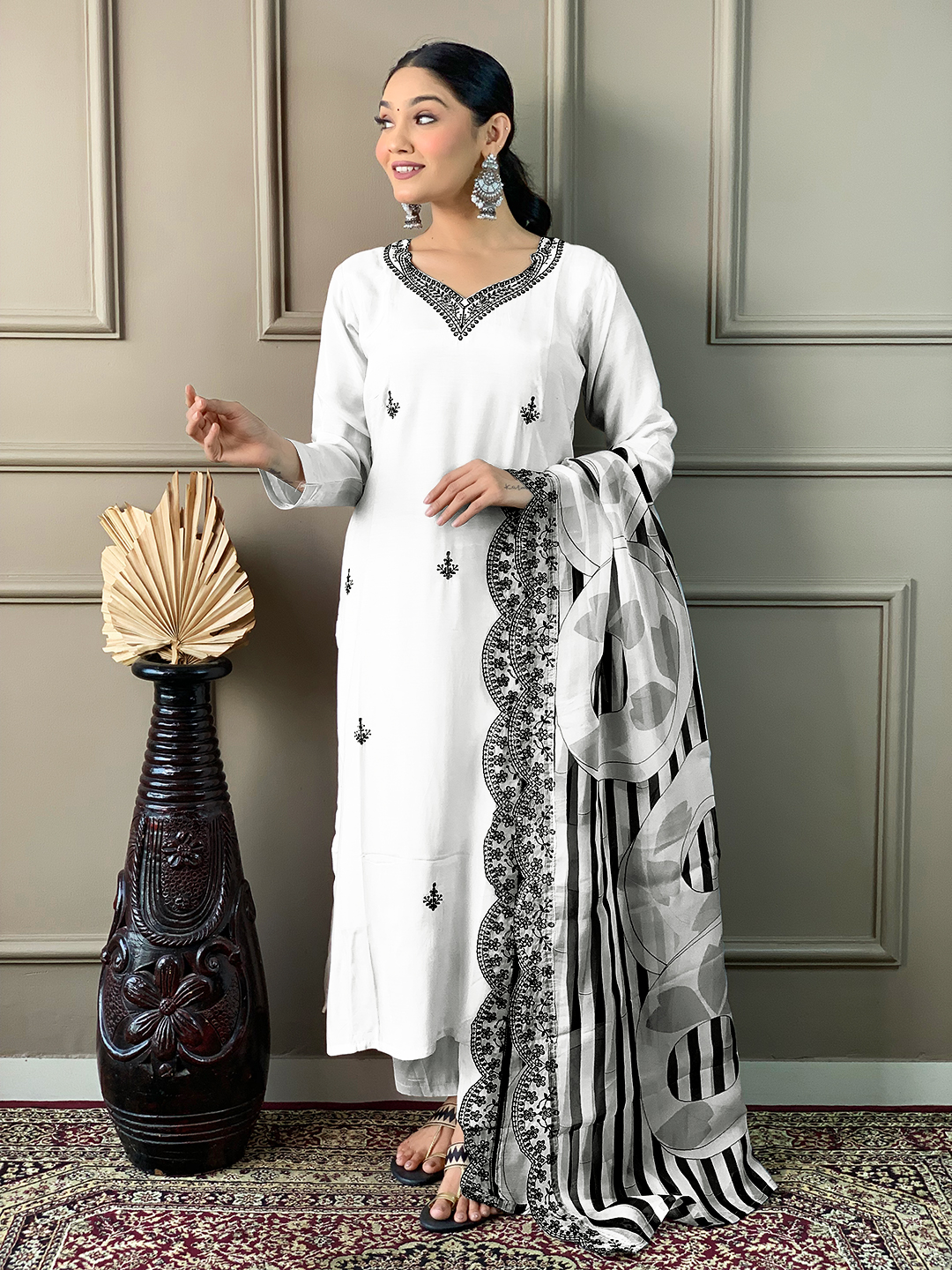 Women White Color Embroidery Straight Kurta Pant With Dupatta