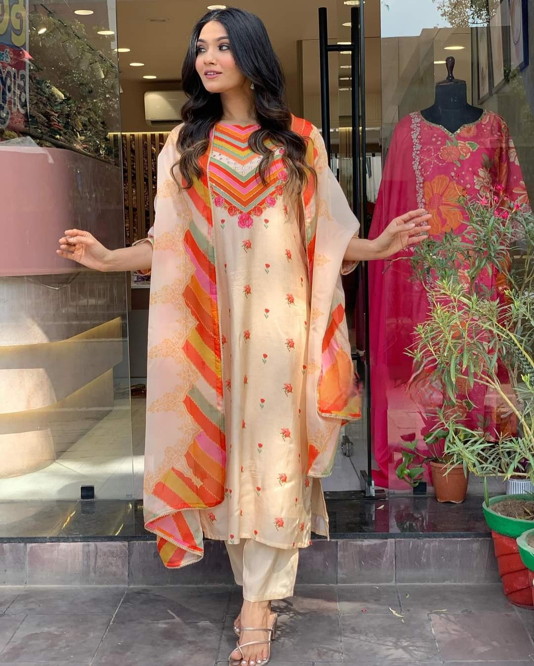 Orange Muslin Embroidered and Printed Straight Kurta with Viscose Rayon Pant and Organza Printed Dupatta 