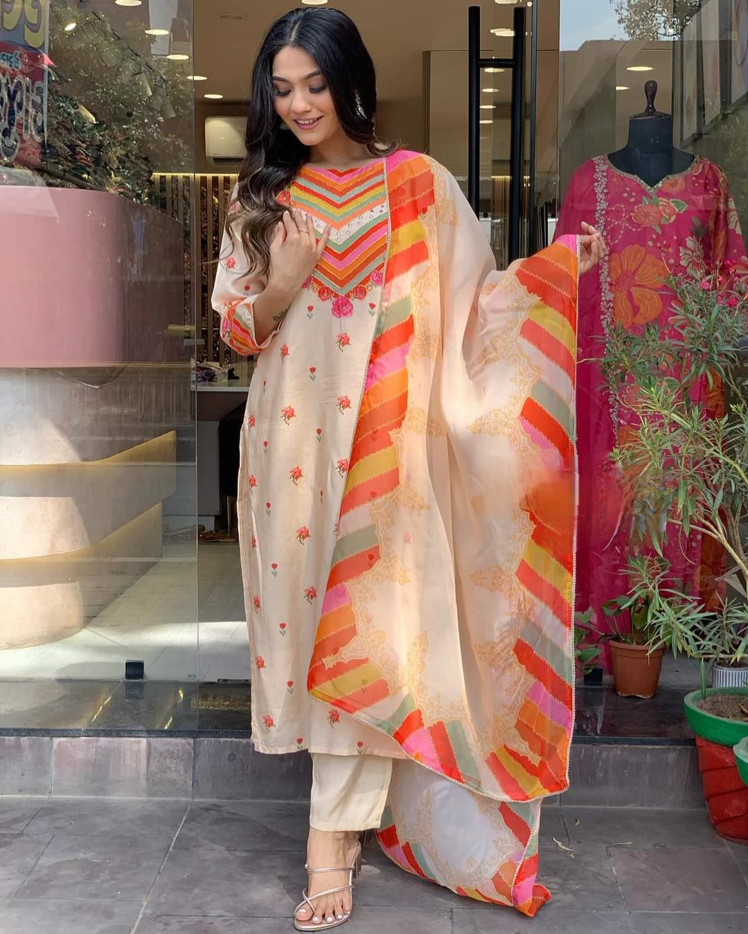 Orange Muslin Embroidered and Printed Straight Kurta with Viscose Rayon Pant and Organza Printed Dupatta 