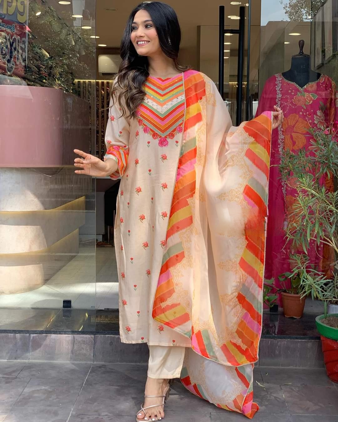 Orange Muslin Embroidered and Printed Straight Kurta with Viscose Rayon Pant and Organza Printed Dupatta 