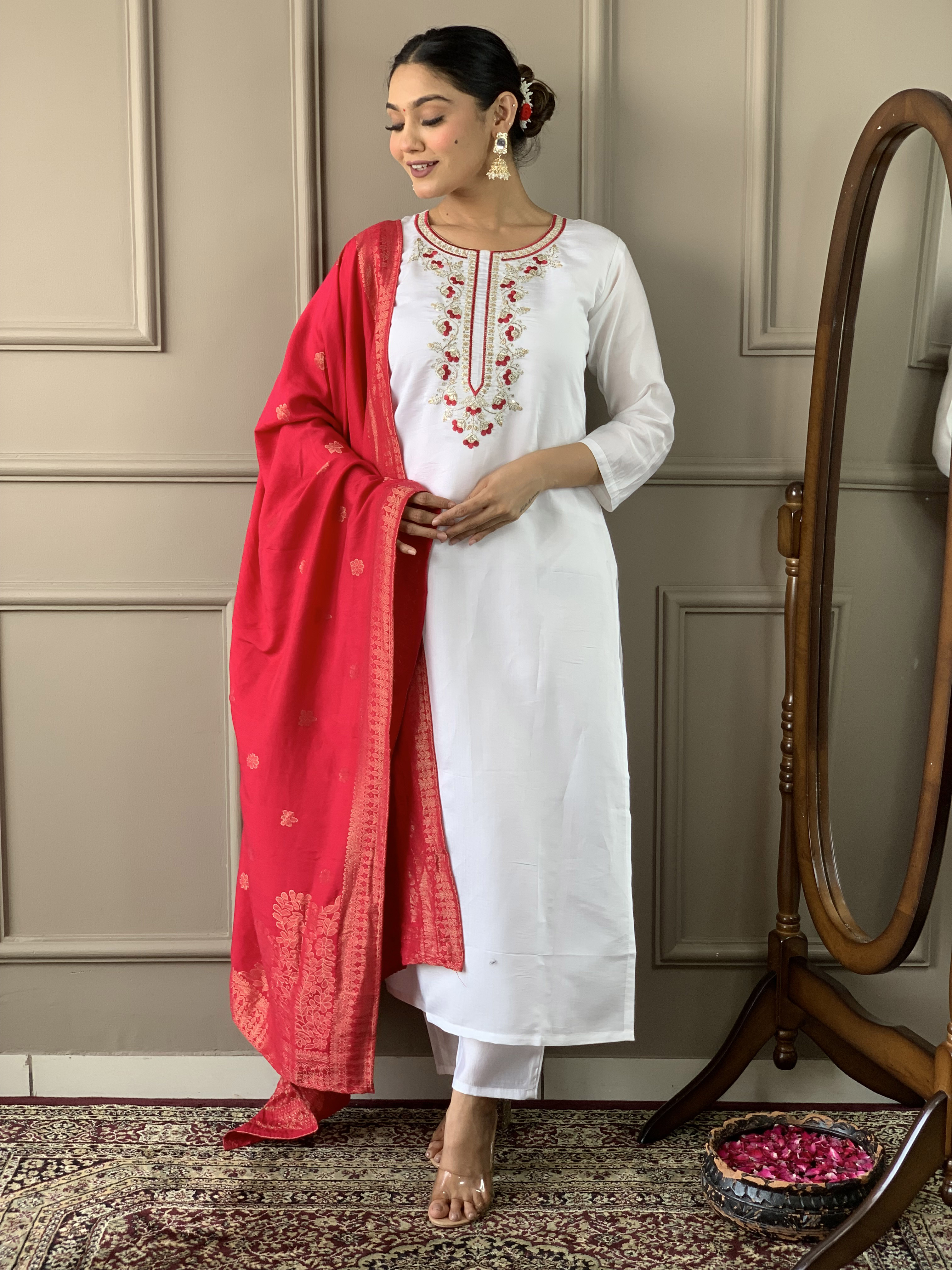 Off White Viscose Silk Embroidered Straight Kurta with Viscose Silk Pant and Nylon Jacquard Dupatta 