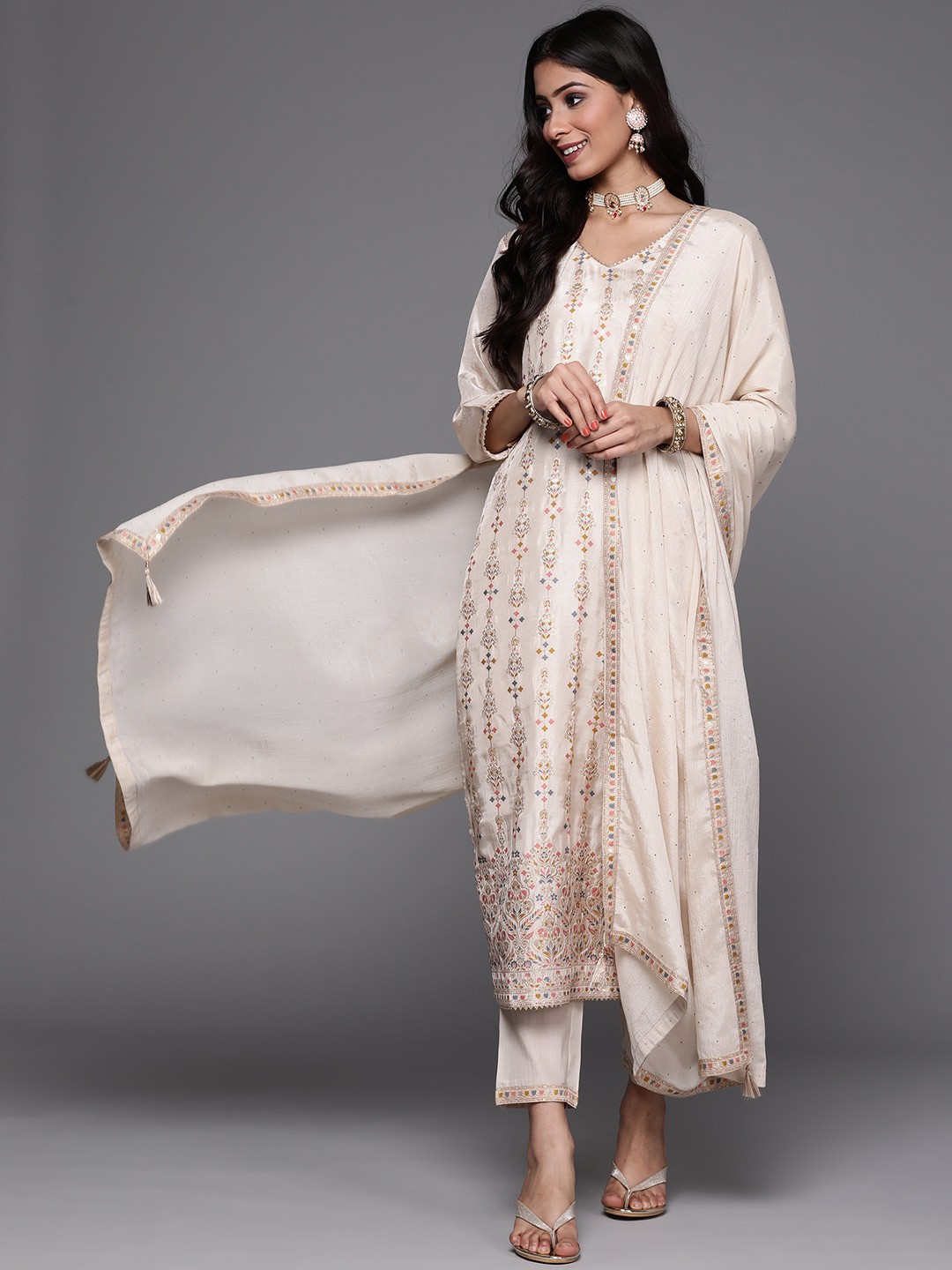 Off White Embroidered Viscose Kurta Set