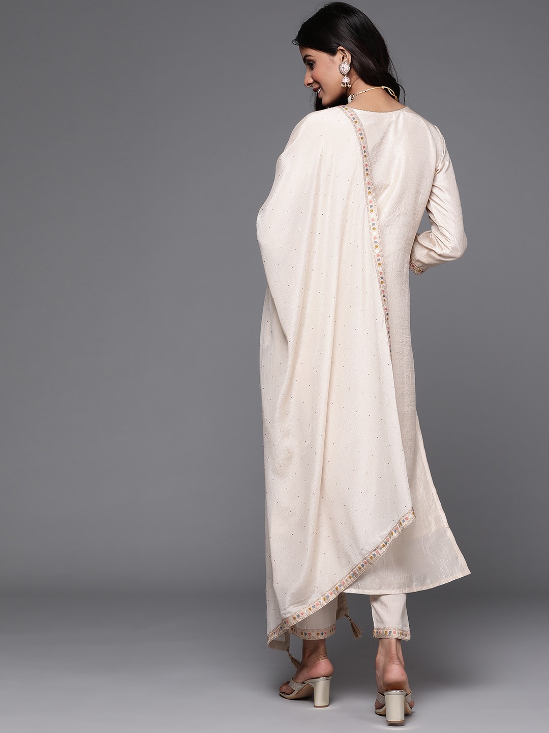 Off White Embroidered Viscose Kurta Set