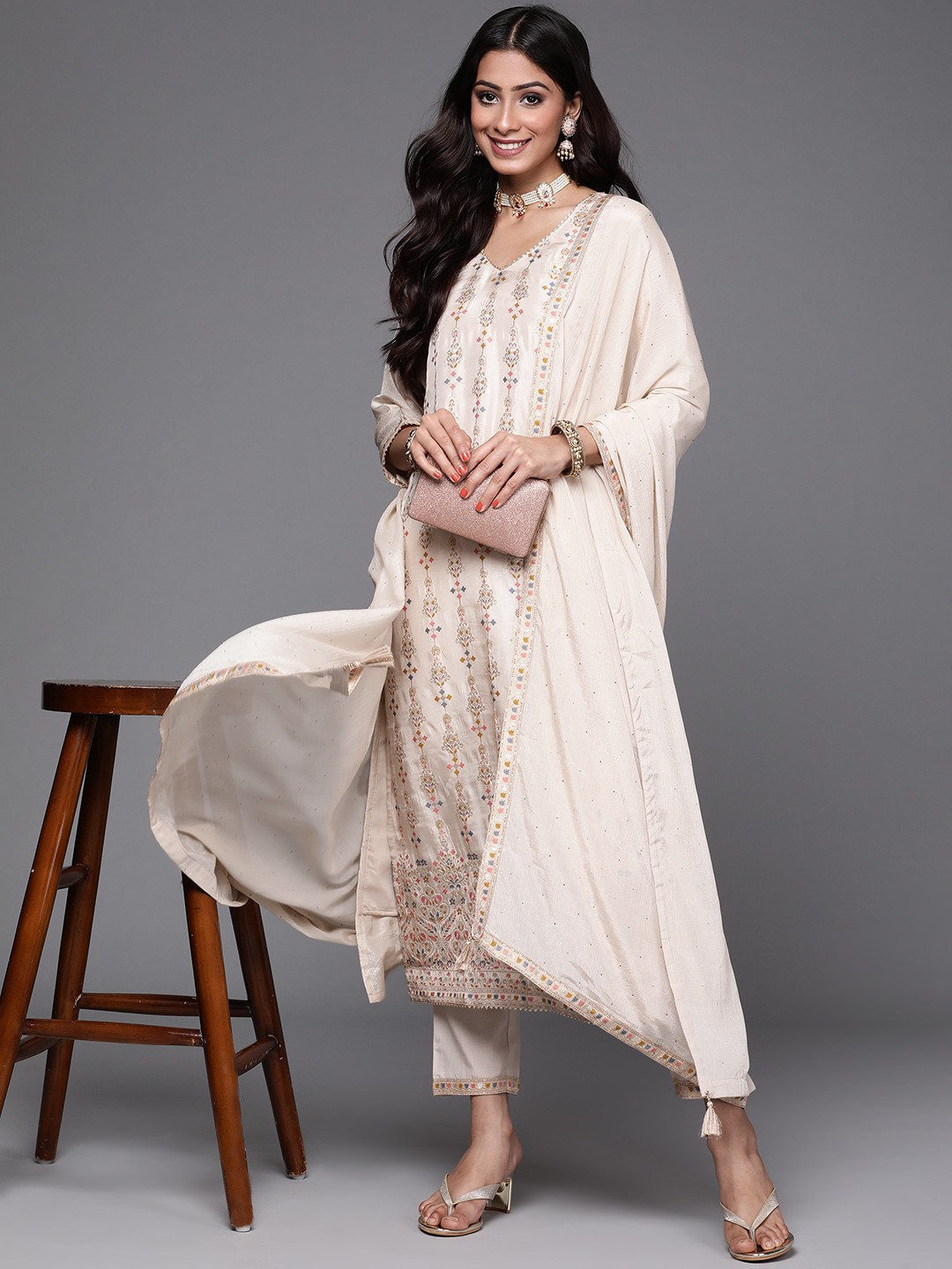 Off White Embroidered Viscose Kurta Set