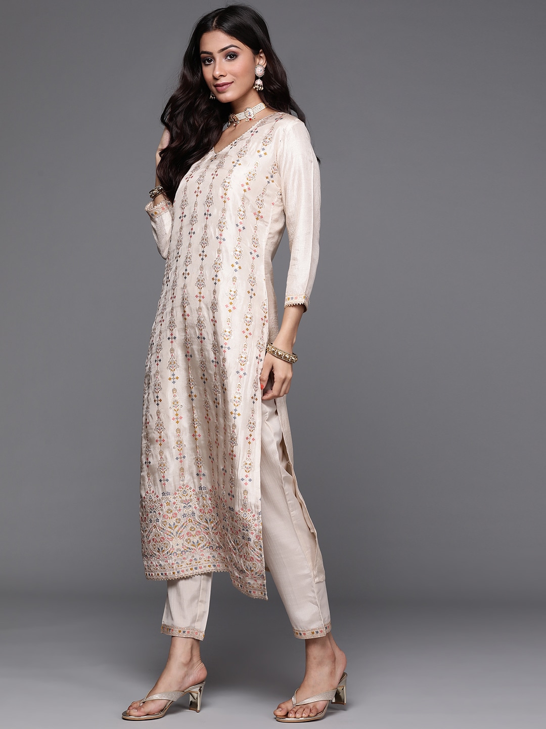 Off White Embroidered Viscose Kurta Set