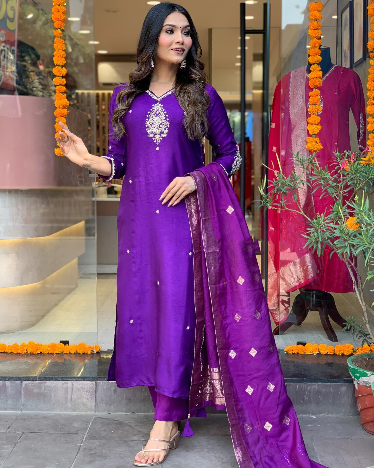 Purple Fully Hand Work Tapeta Silk Kurti With Pant & Dupatta Set