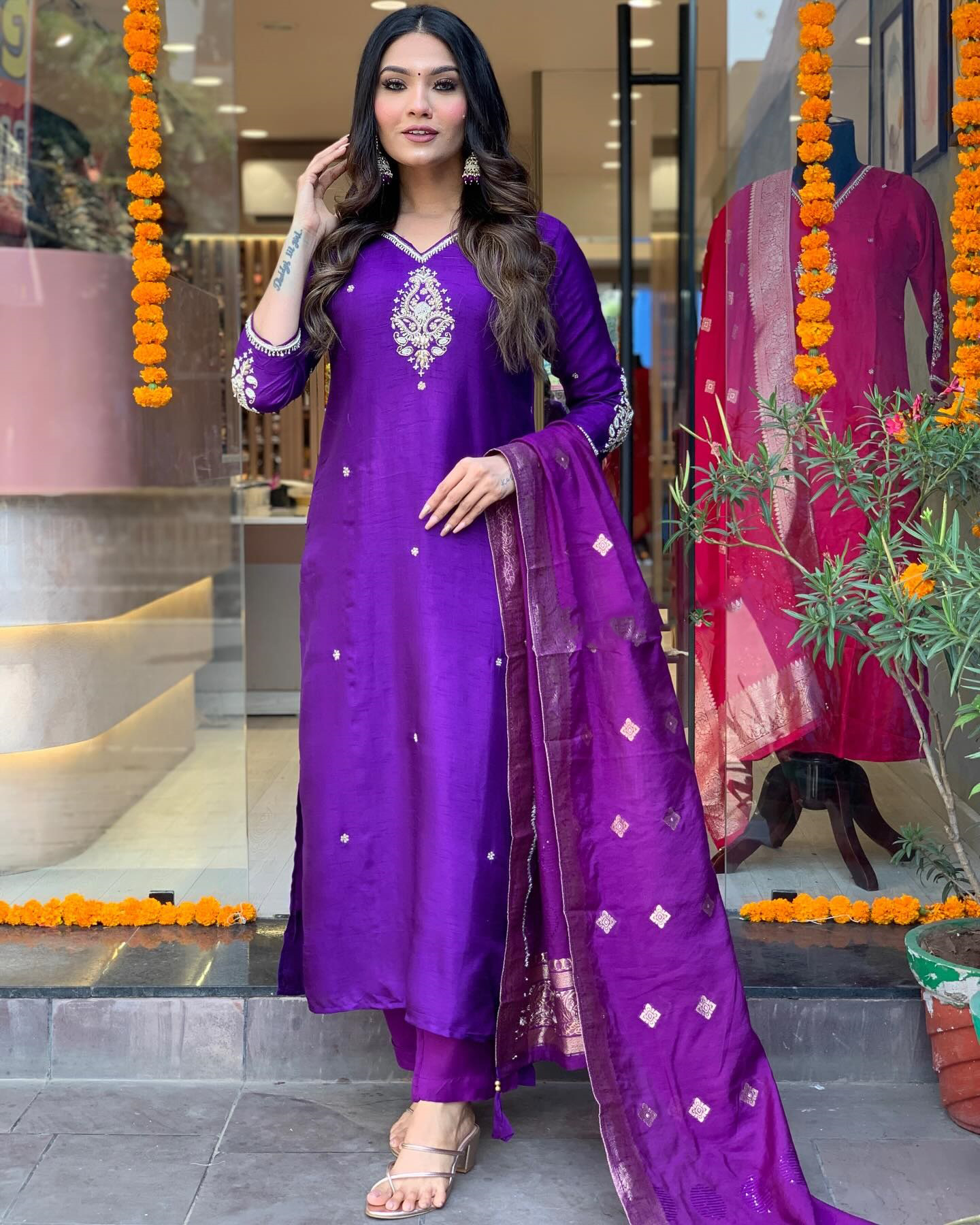 Purple Fully Hand Work Tapeta Silk Kurti With Pant & Dupatta Set