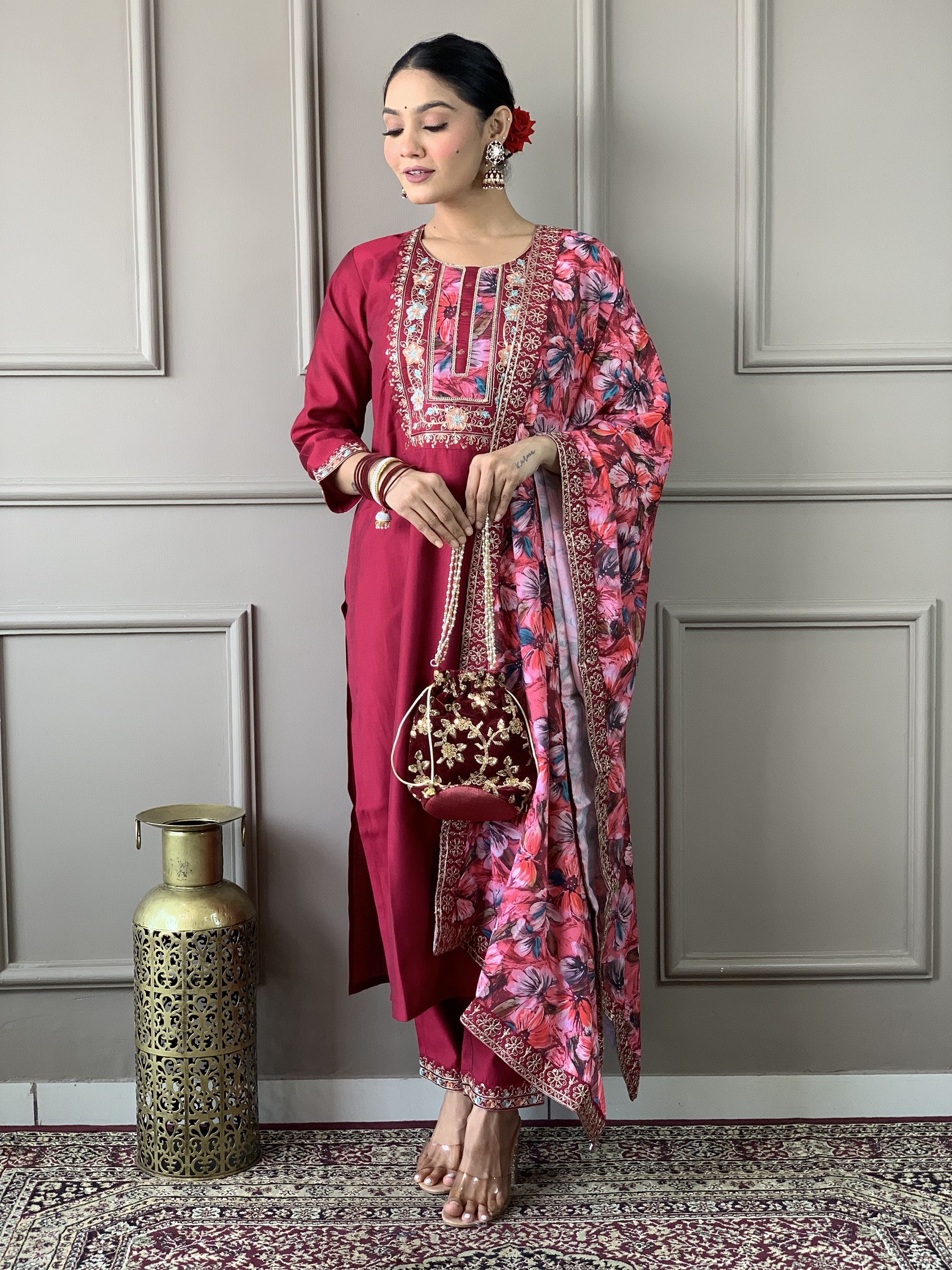 Women Classy Pink Ethnic Design Kurta with Trousers & Dupatta