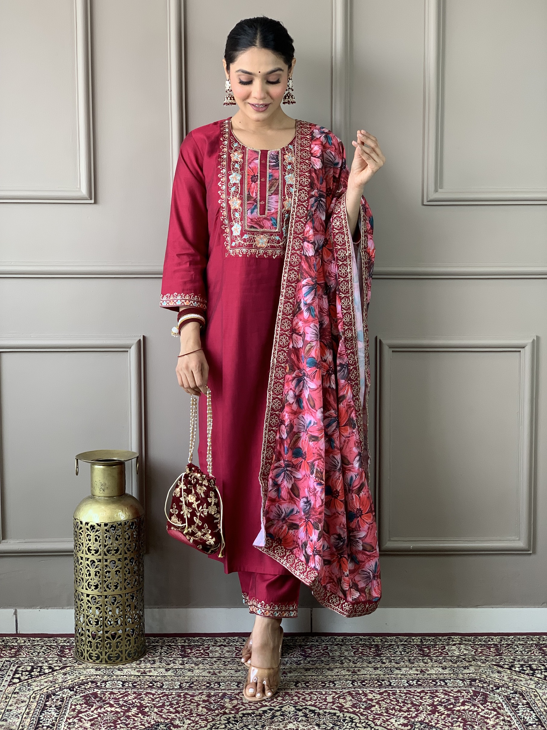 Women Classy Pink Ethnic Design Kurta with Trousers & Dupatta