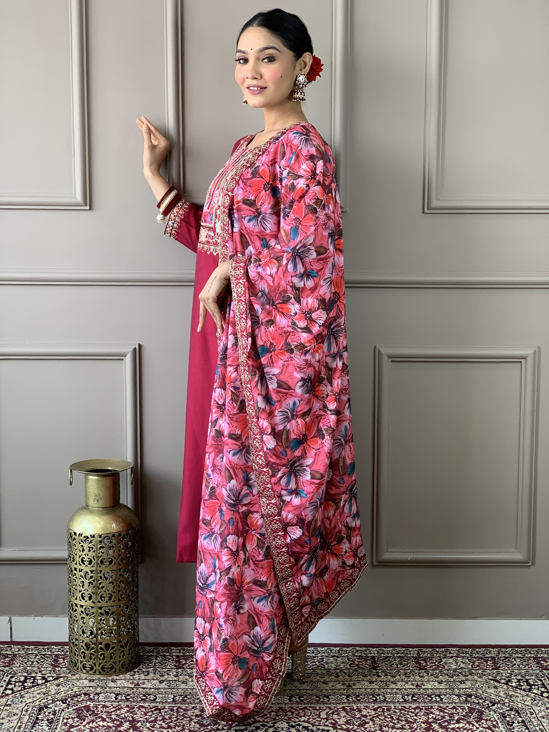 Women Classy Pink Ethnic Design Kurta with Trousers & Dupatta