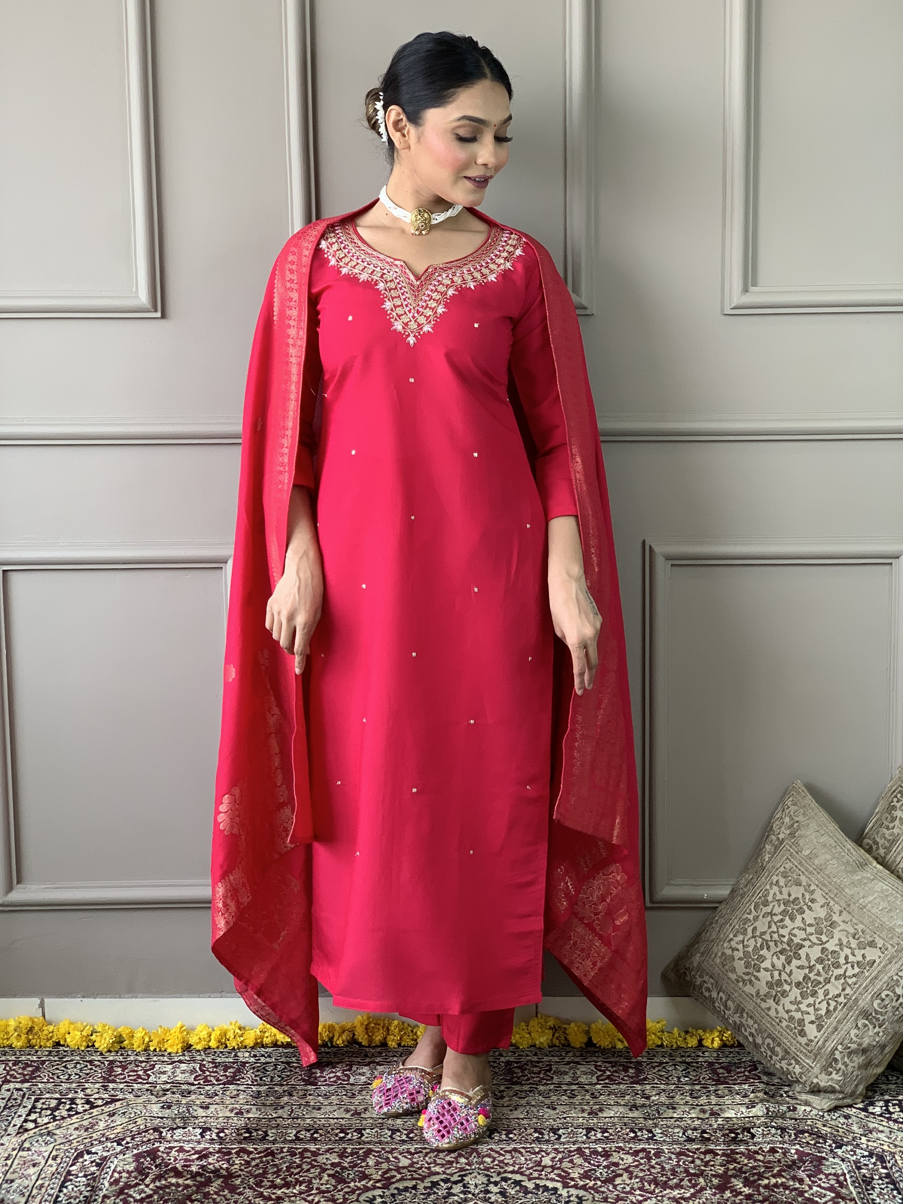 Beautiful Red Women Chanderi Silk Embroidered Kurta Pant Dupatta Set