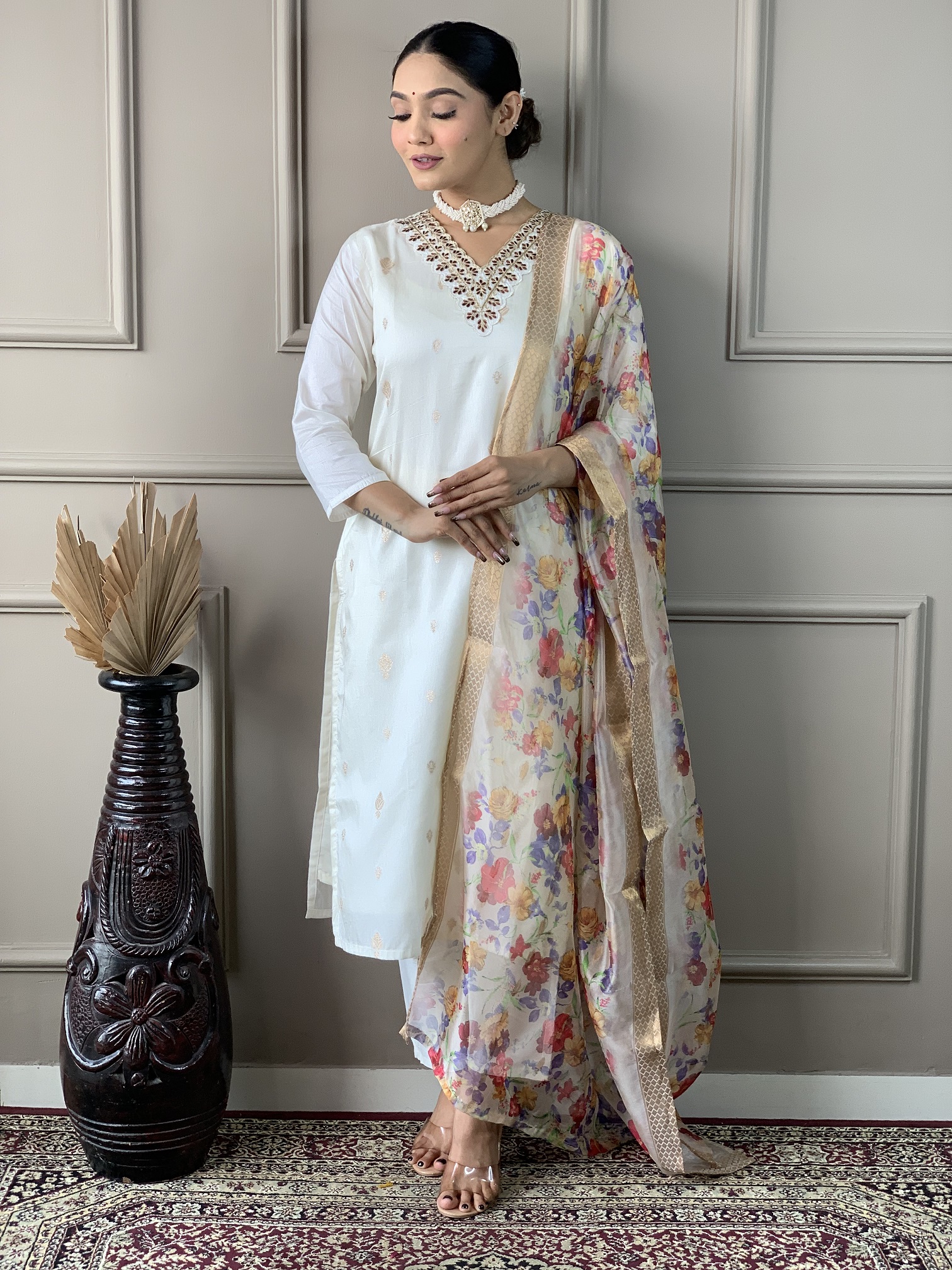 White Embroidered Viscose Kurta Set