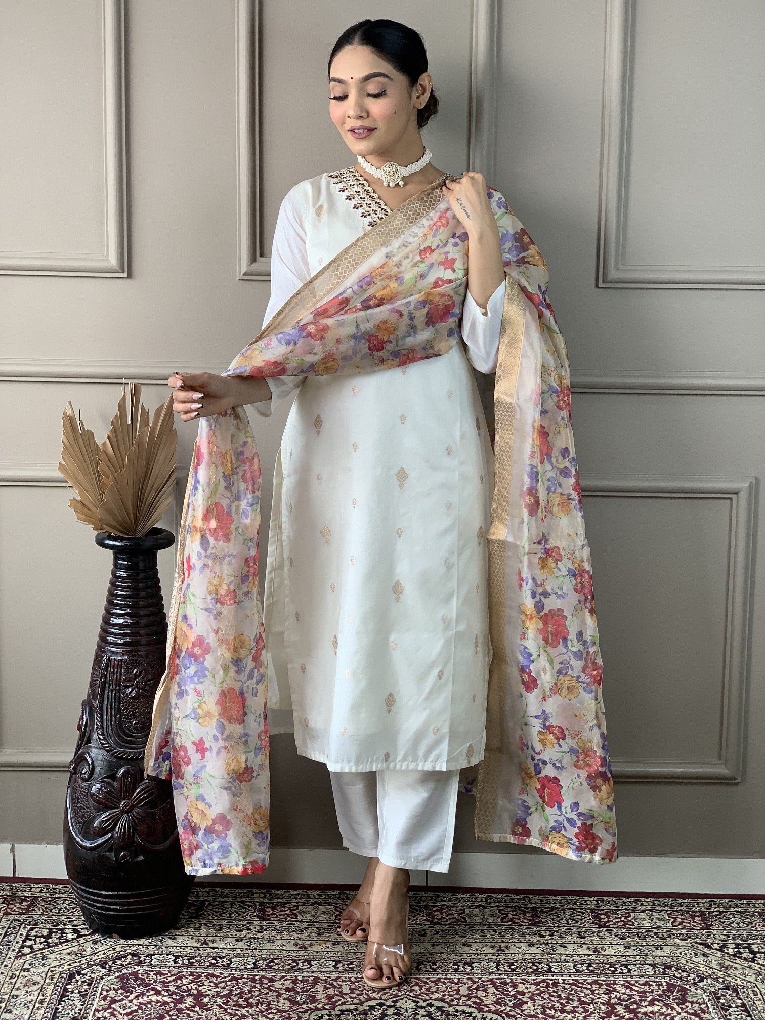 White Embroidered Viscose Kurta Set