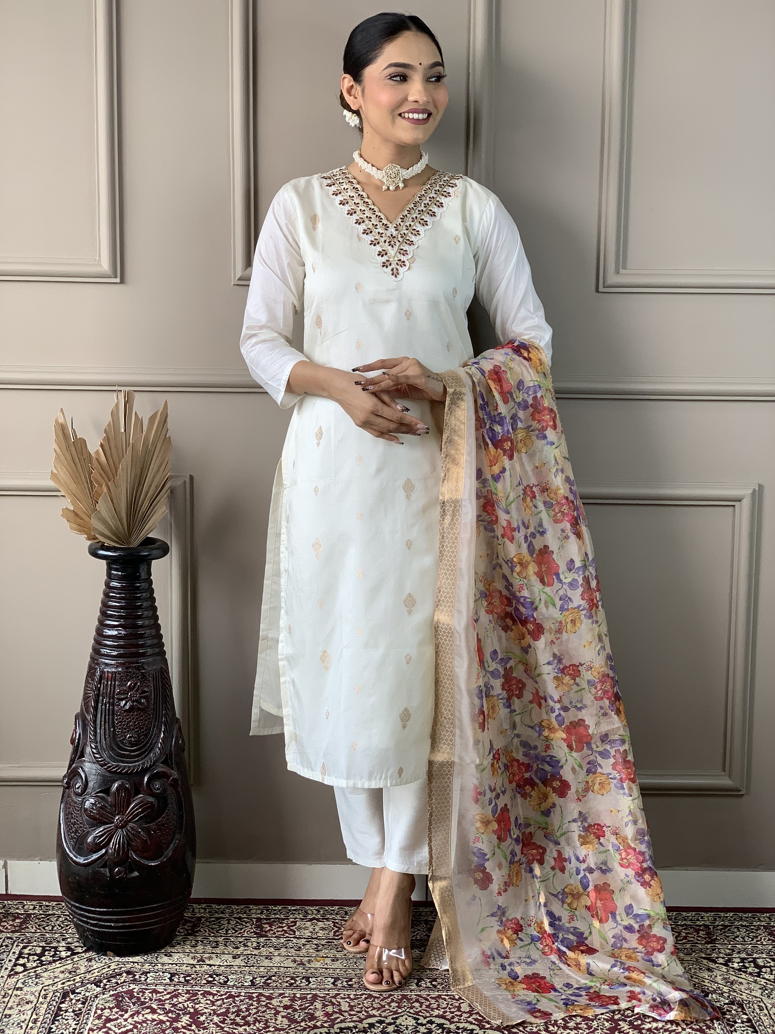 White Embroidered Viscose Kurta Set