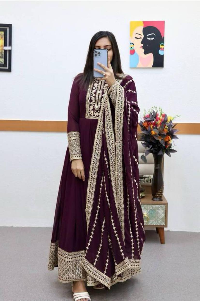 Wine Color Women Embroidered Georgette Anarkali Kurta  Set