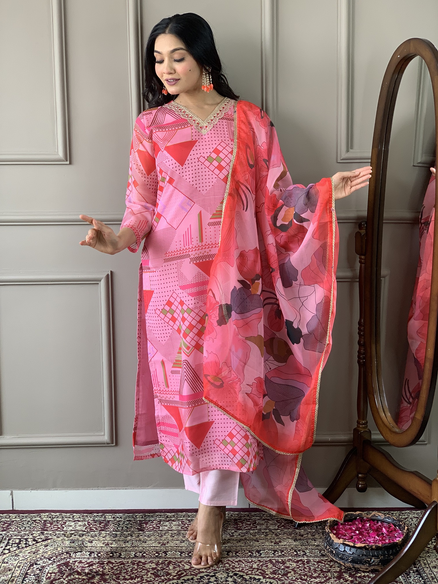 Pink Color Women V-Neck Straight Kurta Set With Dupatta