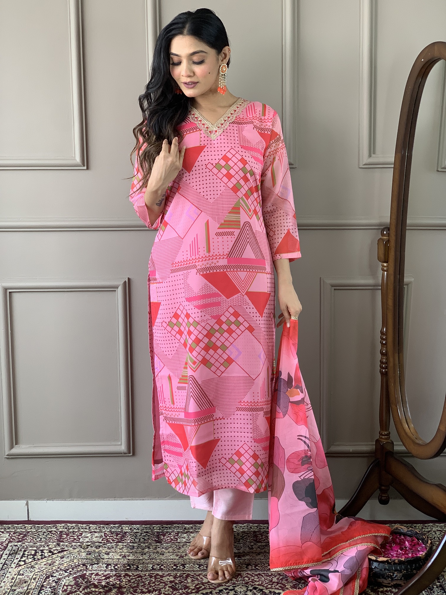 Pink Color Women V-Neck Straight Kurta Set With Dupatta