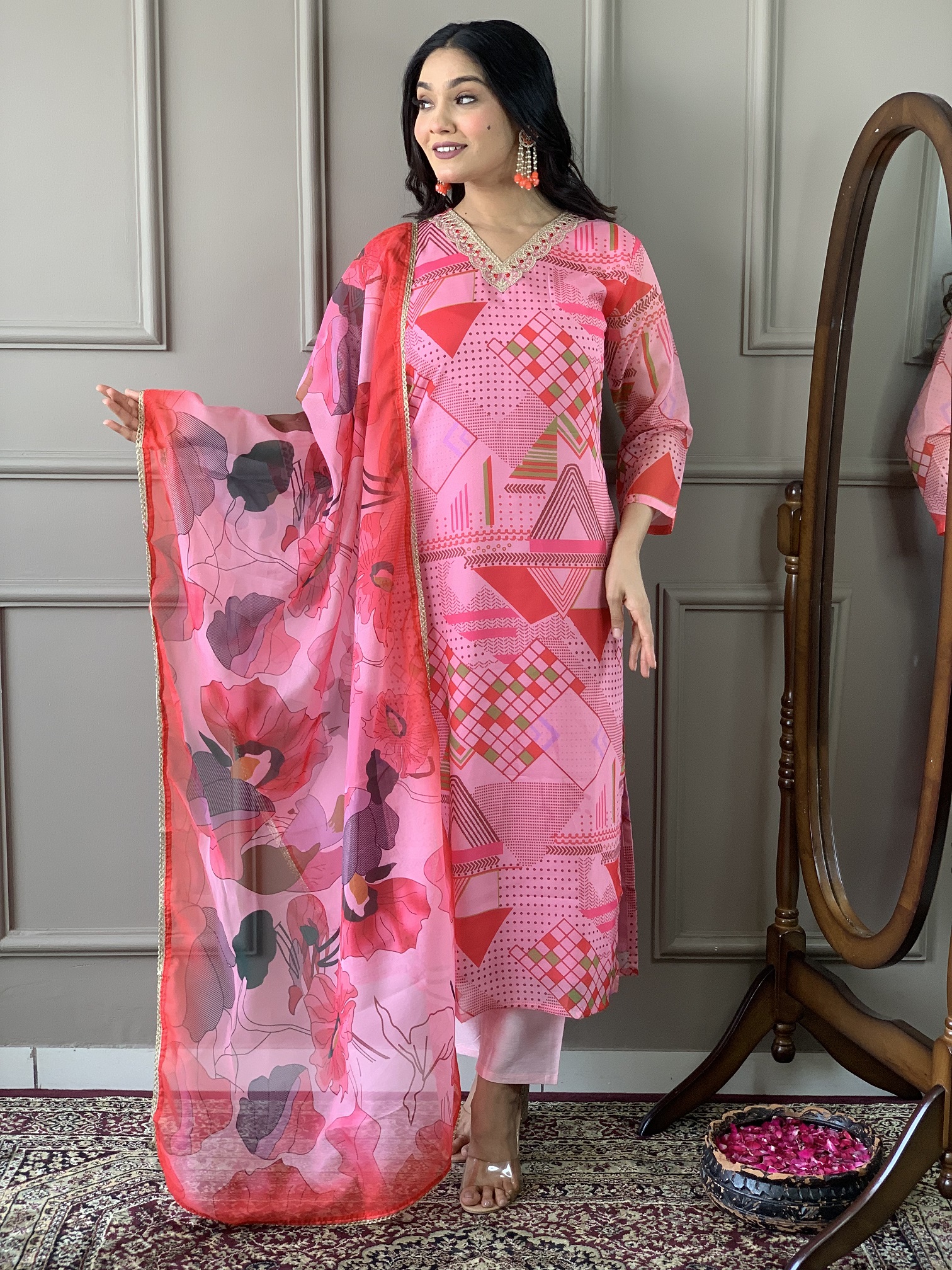 Pink Color Women V-Neck Straight Kurta Set With Dupatta