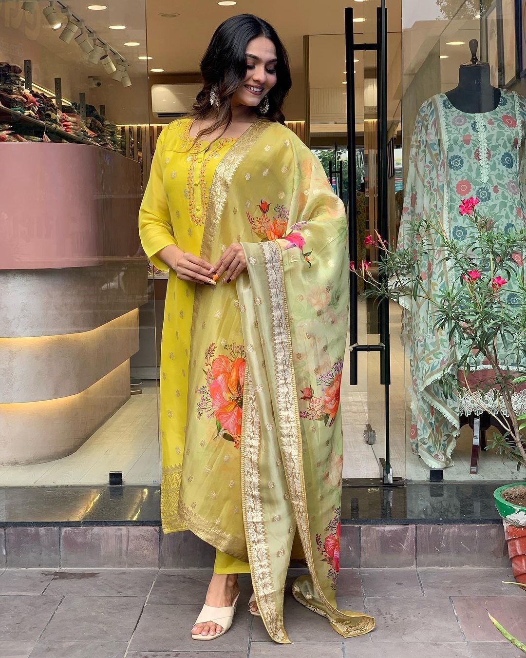 Yellow Color Women Party Wear Embroidery Worked Kurta With Pant And Dupatta Set