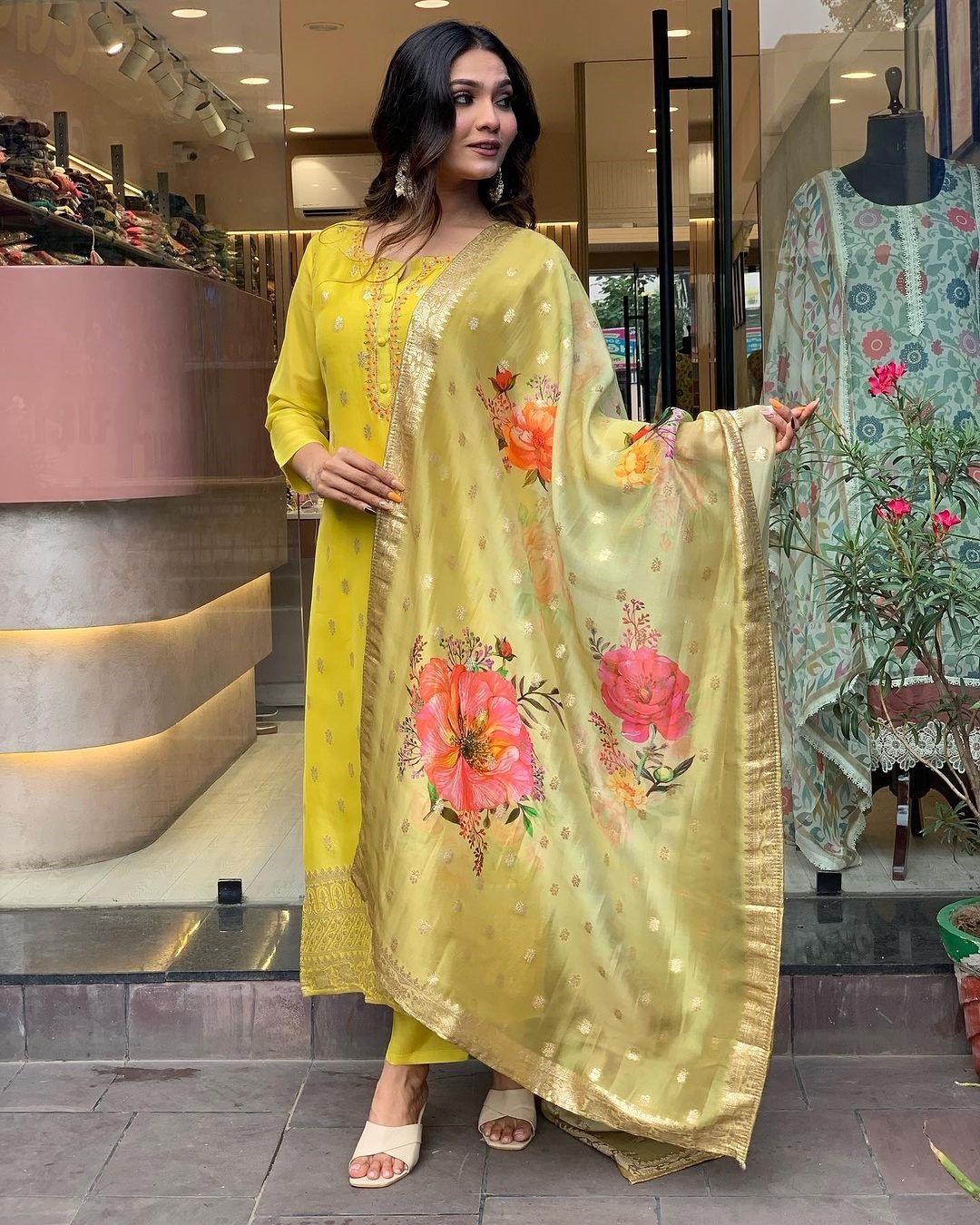 Yellow Color Women Party Wear Embroidery Worked Kurta With Pant And Dupatta Set