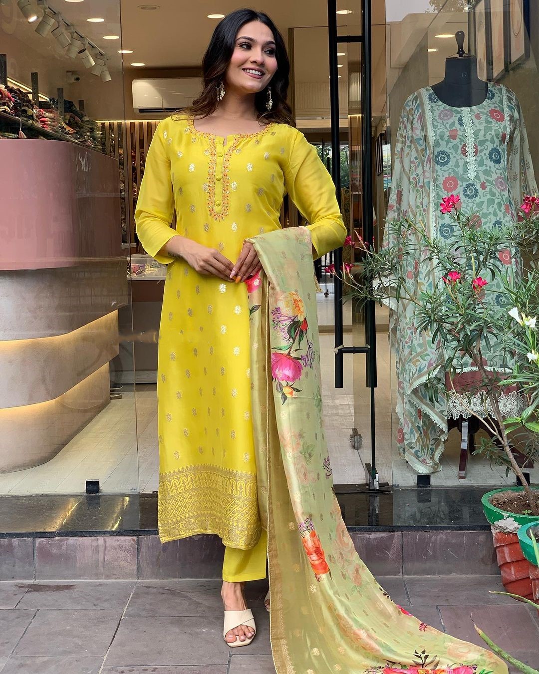 Yellow Color Women Party Wear Embroidery Worked Kurta With Pant And Dupatta Set