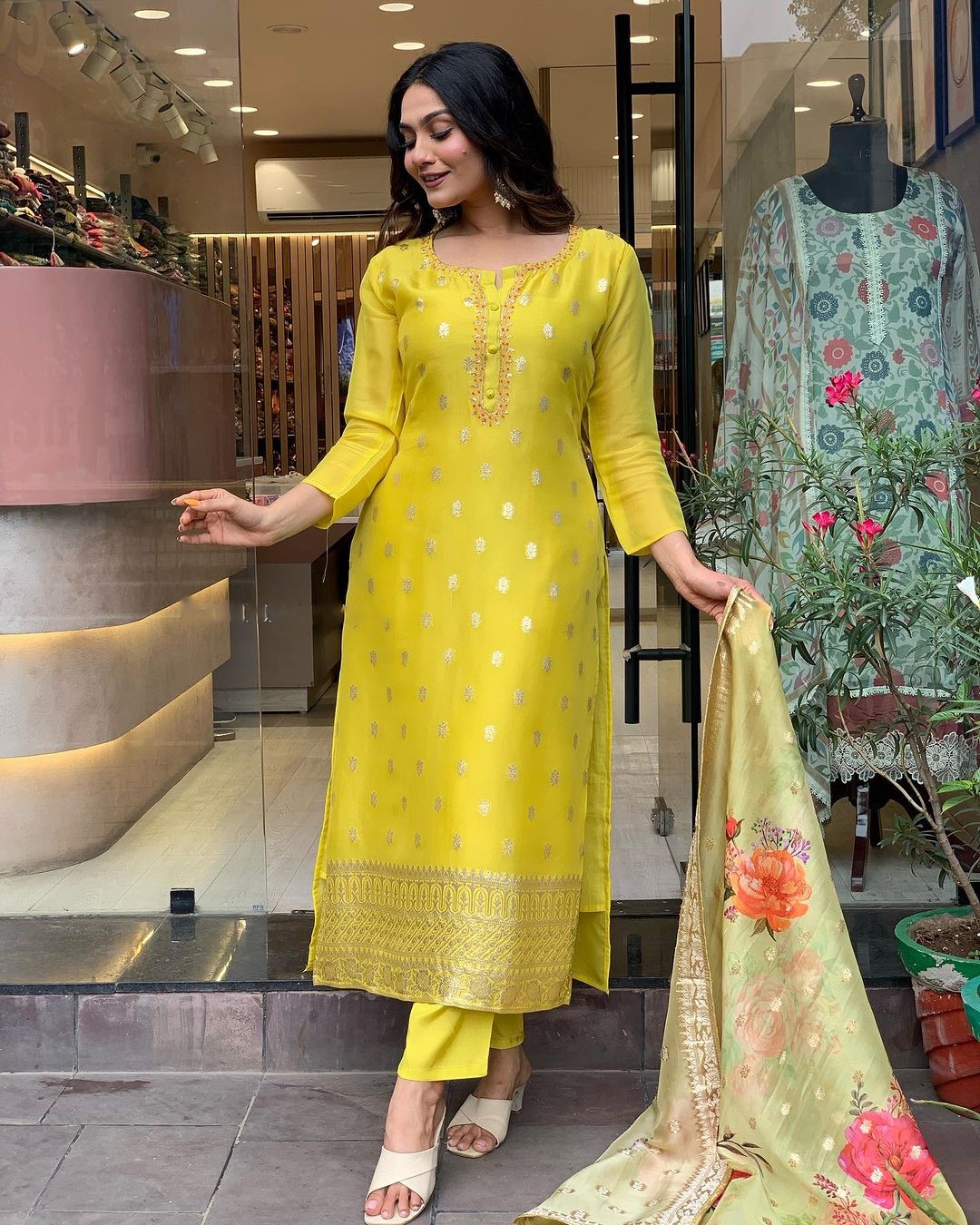 Yellow Color Women Party Wear Embroidery Worked Kurta With Pant And Dupatta Set