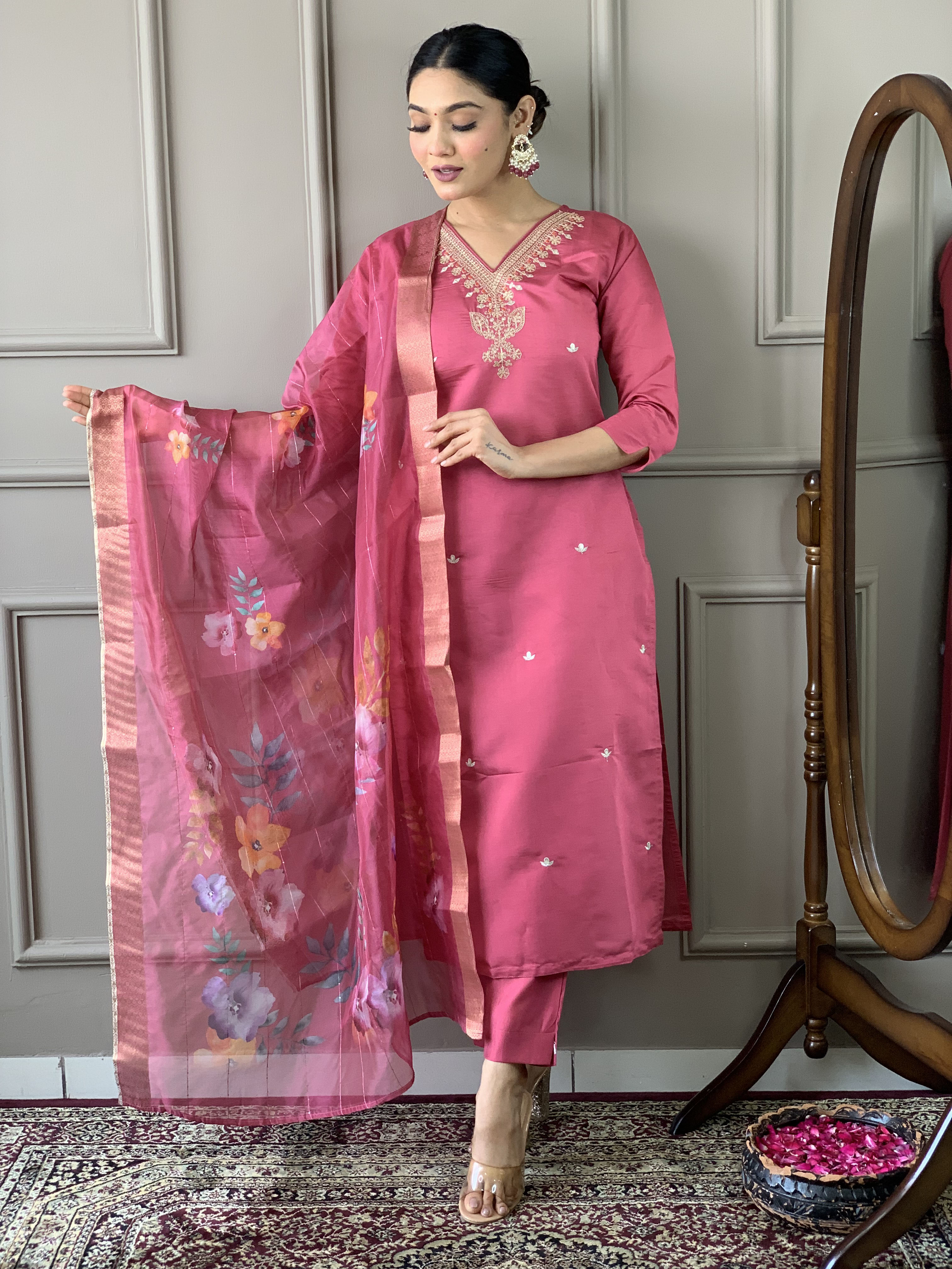 Women Gajri Color Viscose Silk Embroidered Straight Kurta With Pant And Dupatta Set