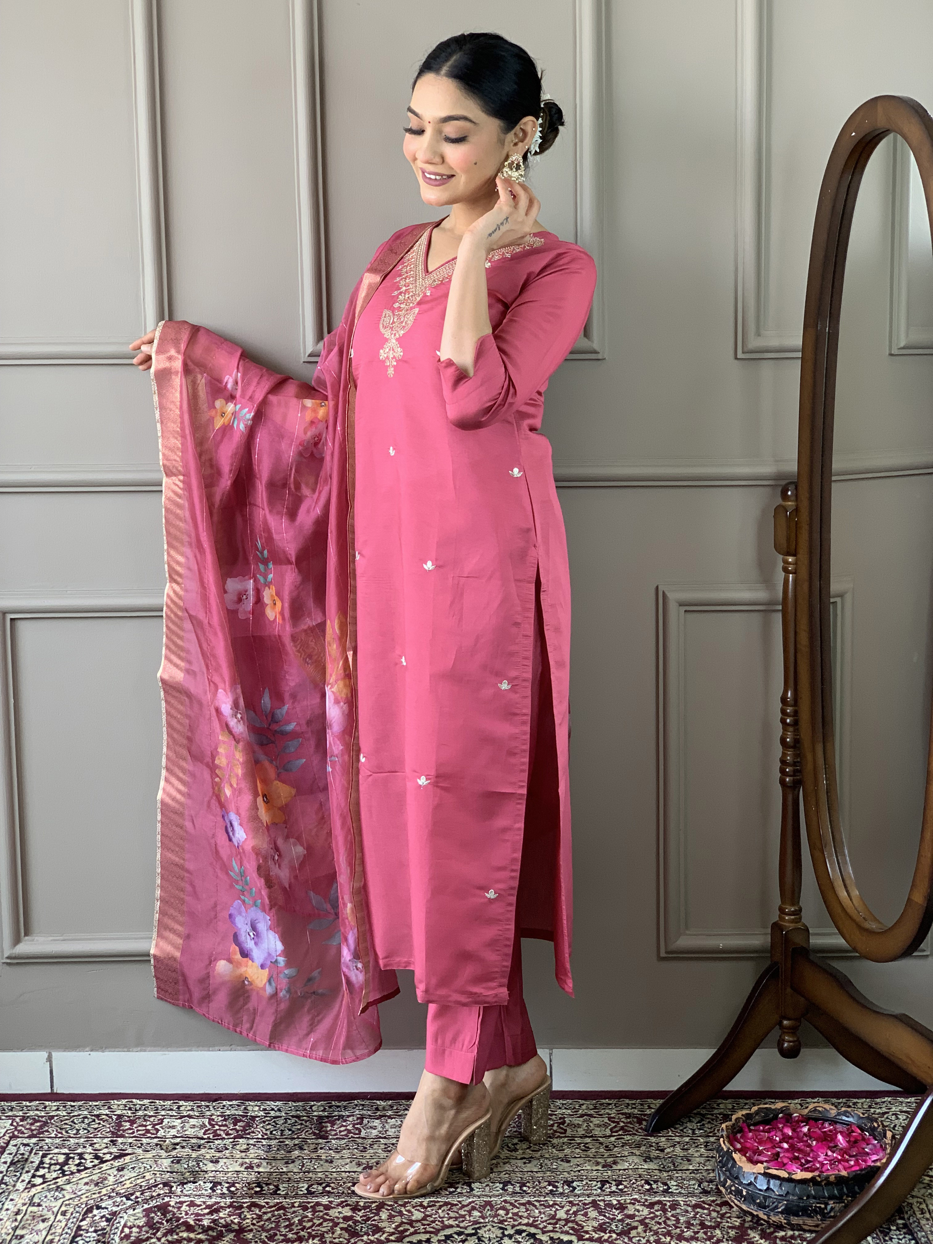 Women Gajri Color Viscose Silk Embroidered Straight Kurta With Pant And Dupatta Set