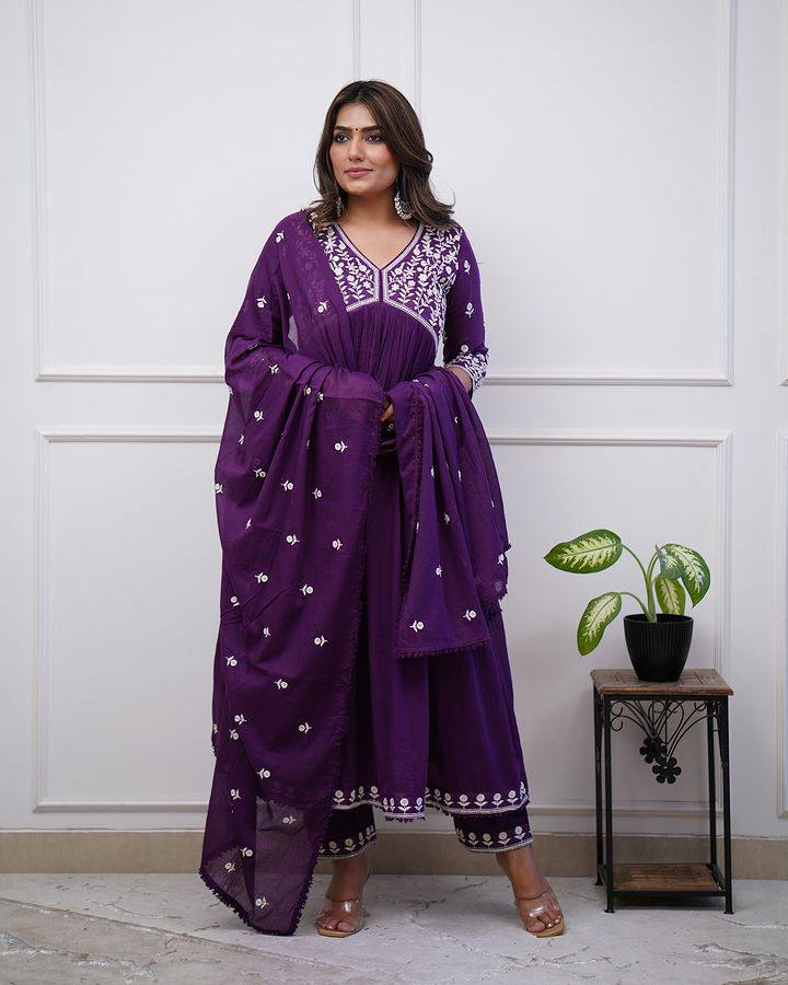 Purple Color Women Embroidered Vichitra SILK kurta set