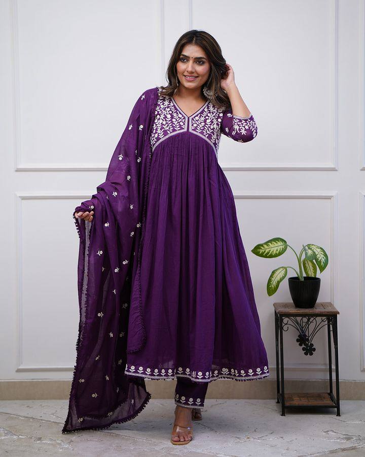 Purple Color Women Embroidered Vichitra SILK kurta set