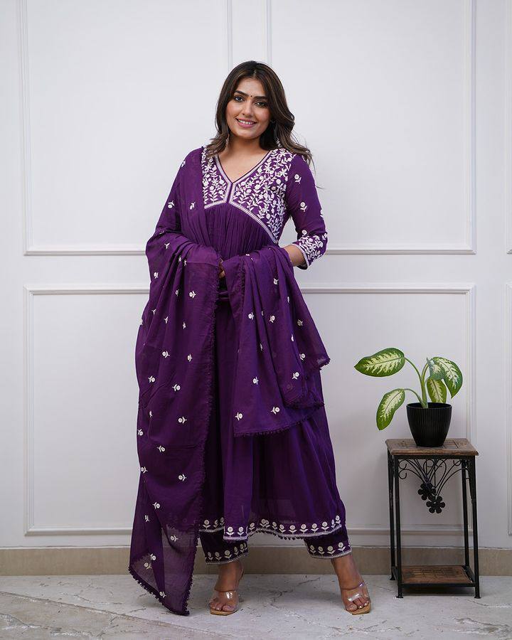 Purple Color Women Embroidered Vichitra SILK kurta set