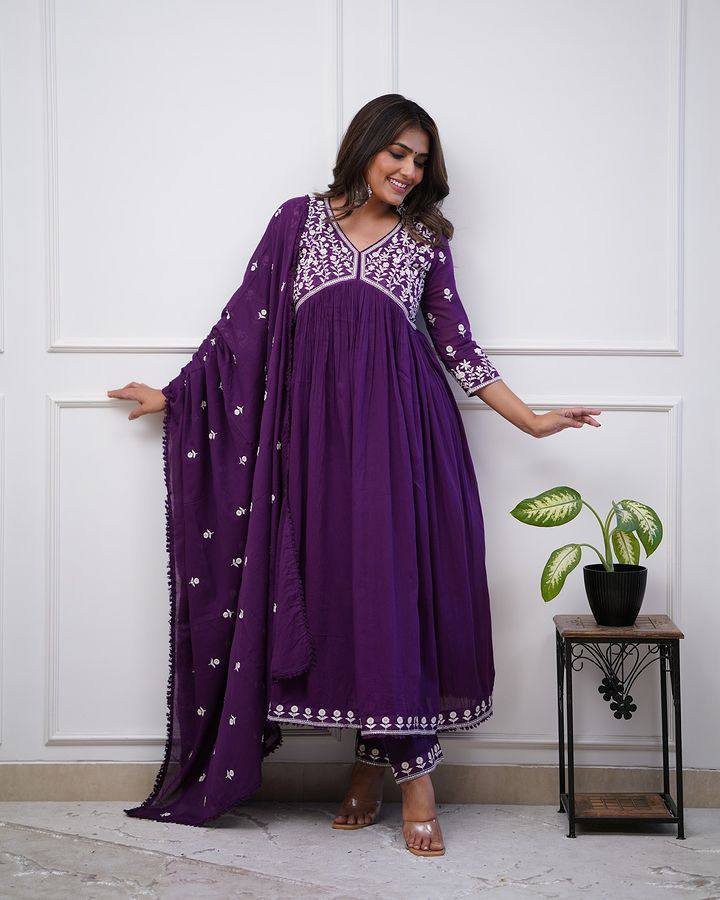 Purple Color Women Embroidered Vichitra SILK kurta set