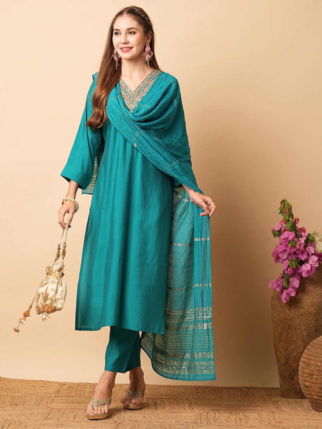 Green Color Women Viscose Chanderi Silk Kurti Pant With Dupatta