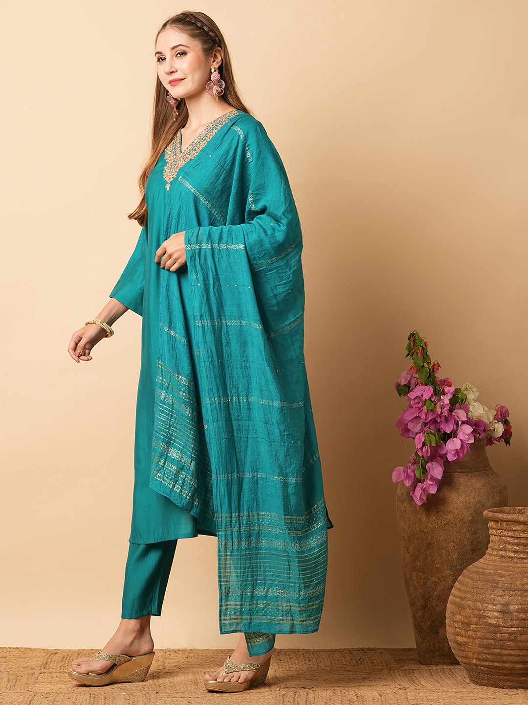 Green Color Women Viscose Chanderi Silk Kurti Pant With Dupatta