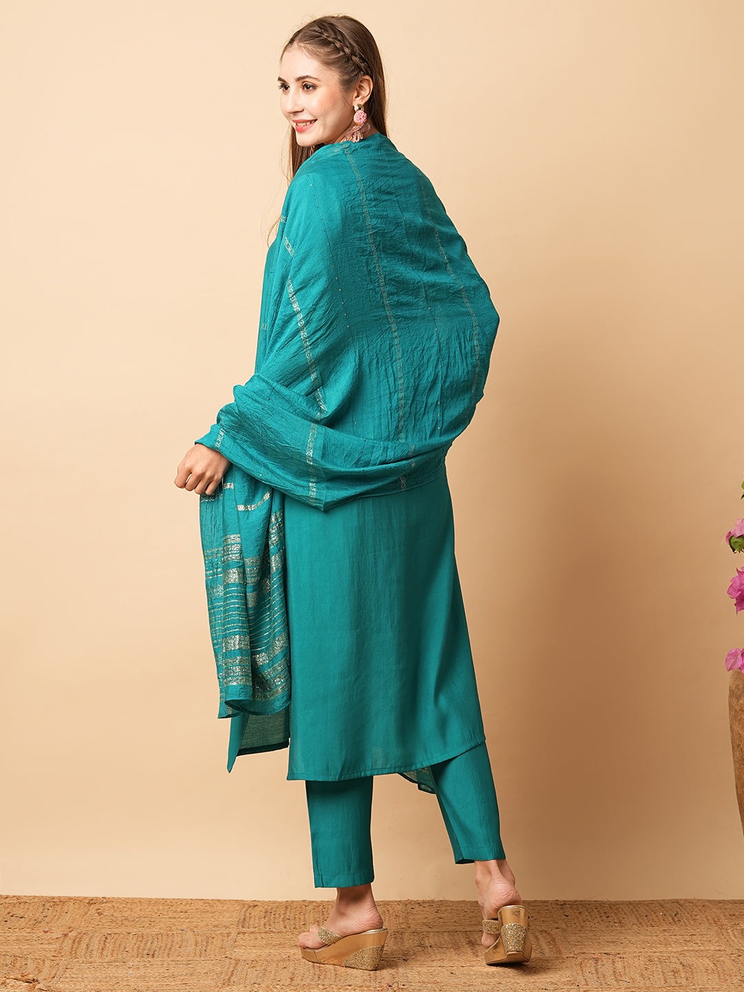 Green Color Women Viscose Chanderi Silk Kurti Pant With Dupatta