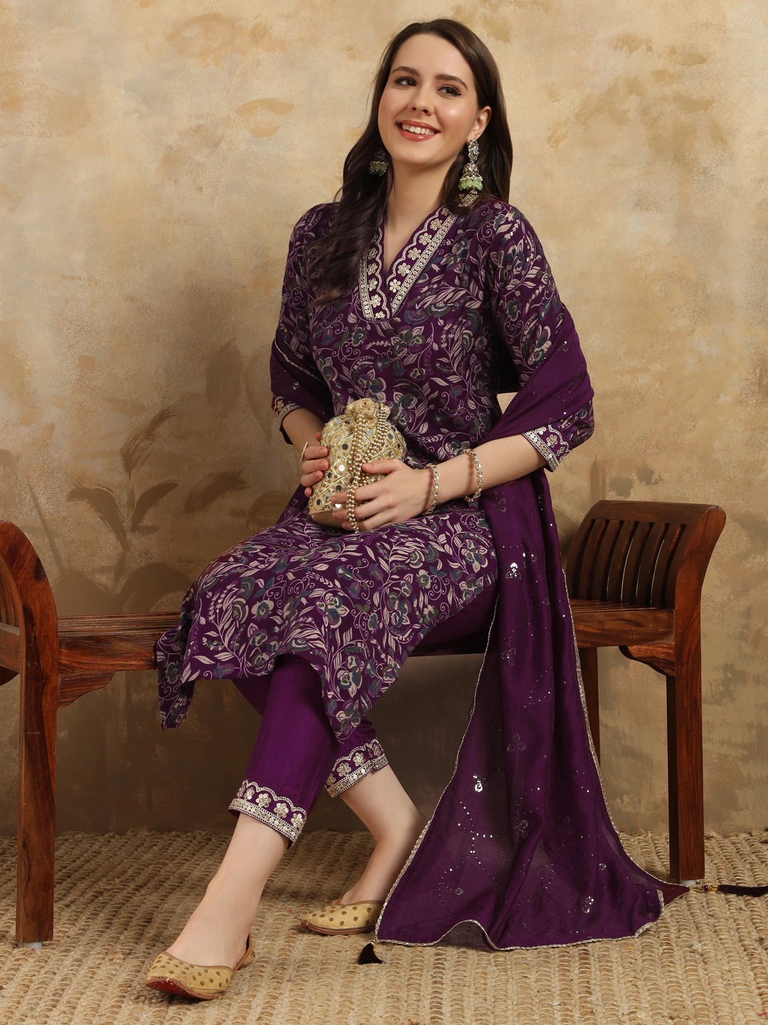 Purple Color Women Viscose Chanderi Kurti Pant With Dupatta