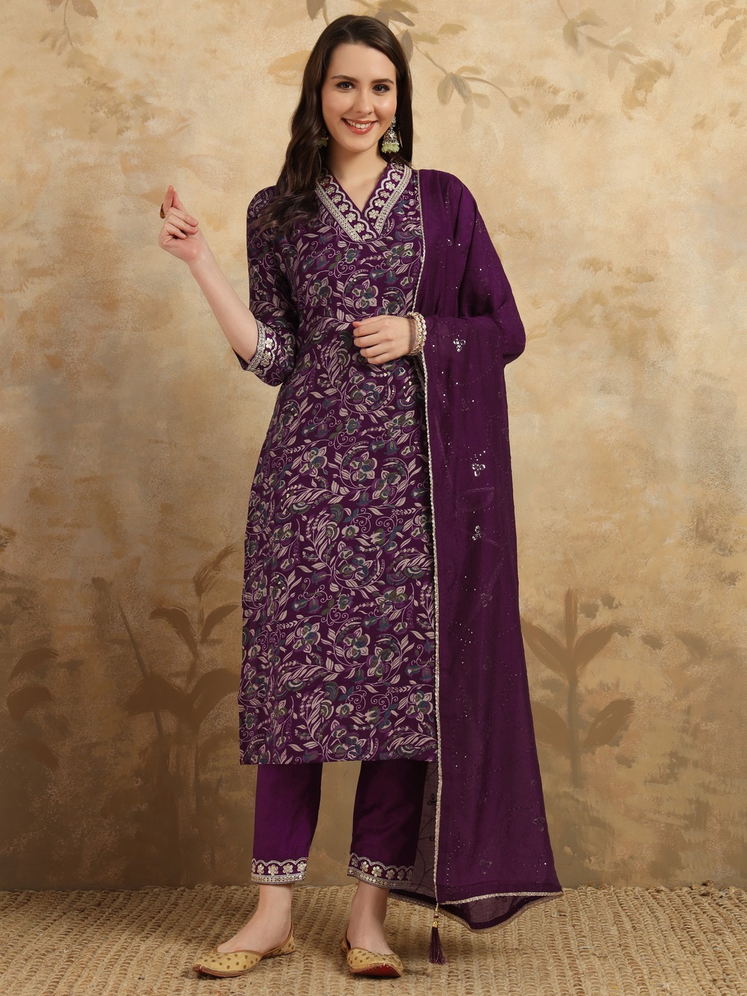 Purple Color Women Viscose Chanderi Kurti Pant With Dupatta