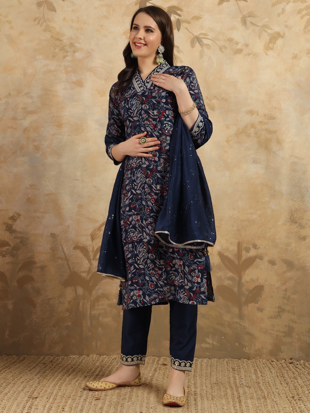 Black Color Women Viscose Chanderi Kurti Pant With Dupatta