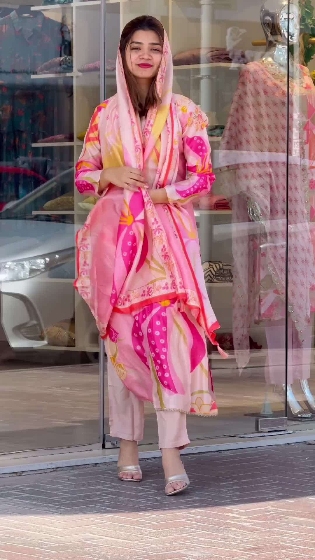 Women Pink Printed Straight Gota Patti Detail Kurta Pant & Dupatta Set 