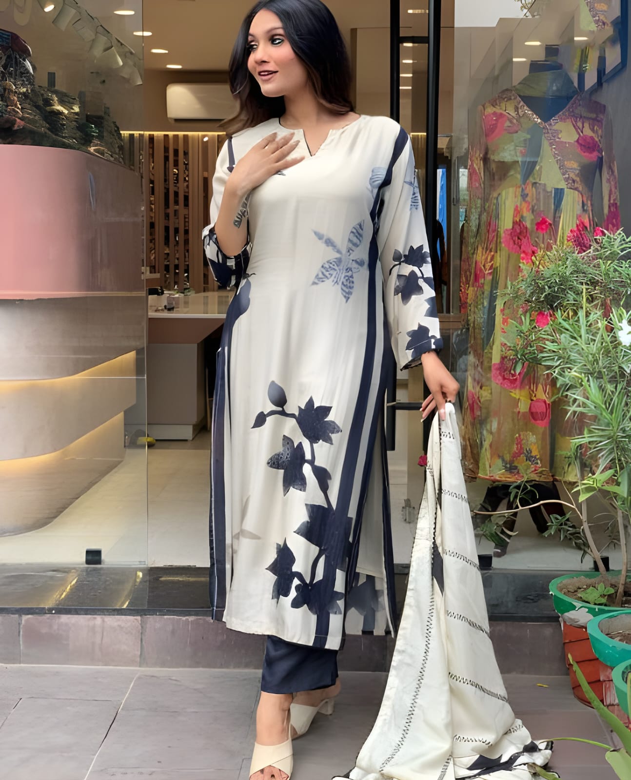 Women Off White Color Muslin Embroidery Kurta Set 