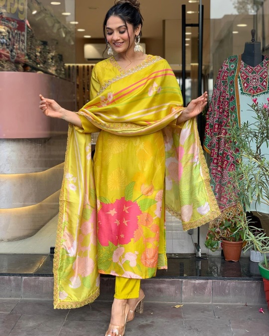 Yellow Beautiful and Simple Straight Kurta Set with Bottom and Dupatta