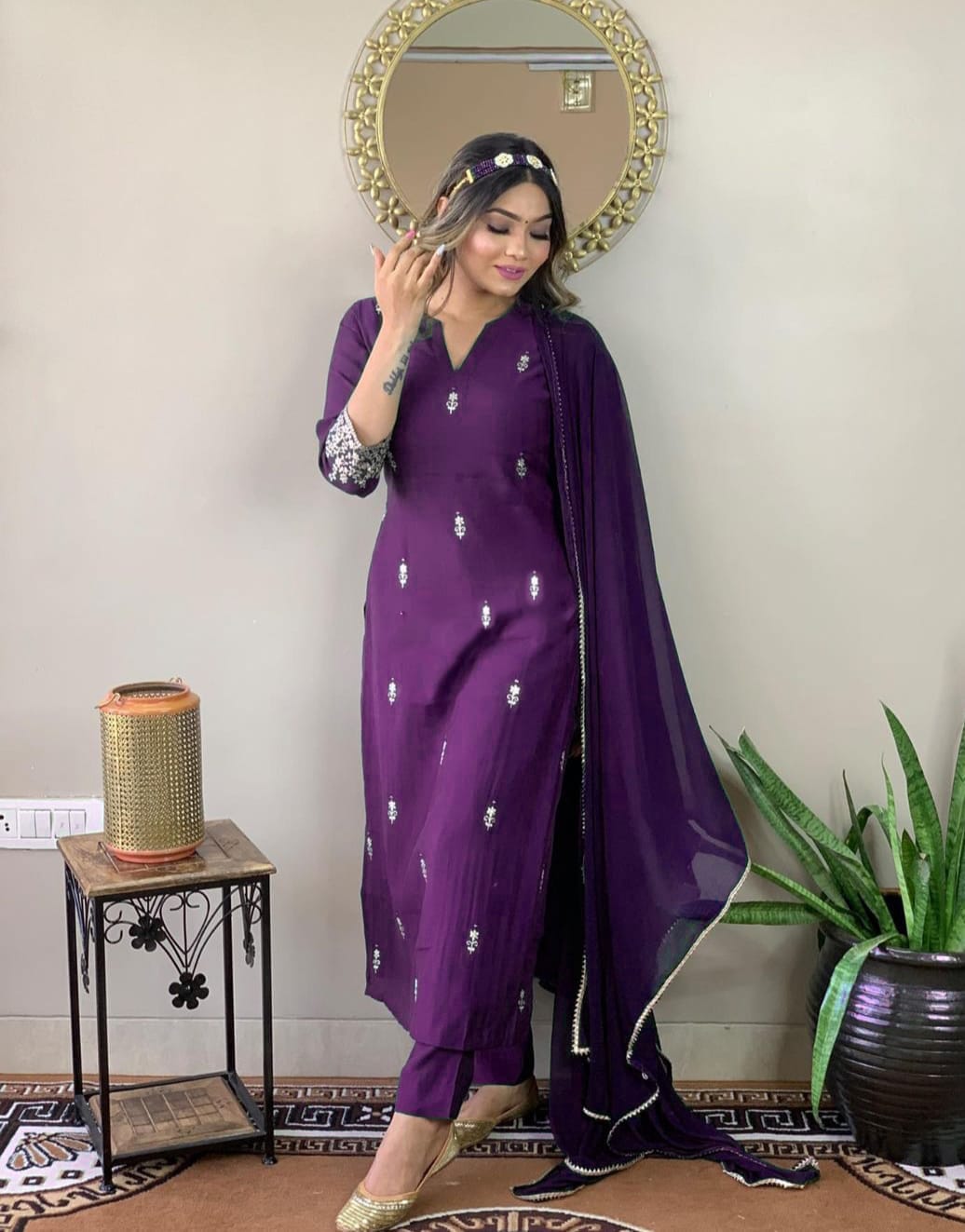 Purple Color Floral Embroidered Thread Work Kurta And Trousers With Dupatta