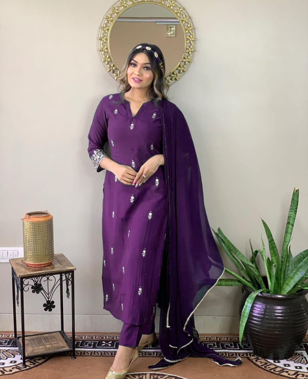 Purple Color Floral Embroidered Thread Work Kurta And Trousers With Dupatta