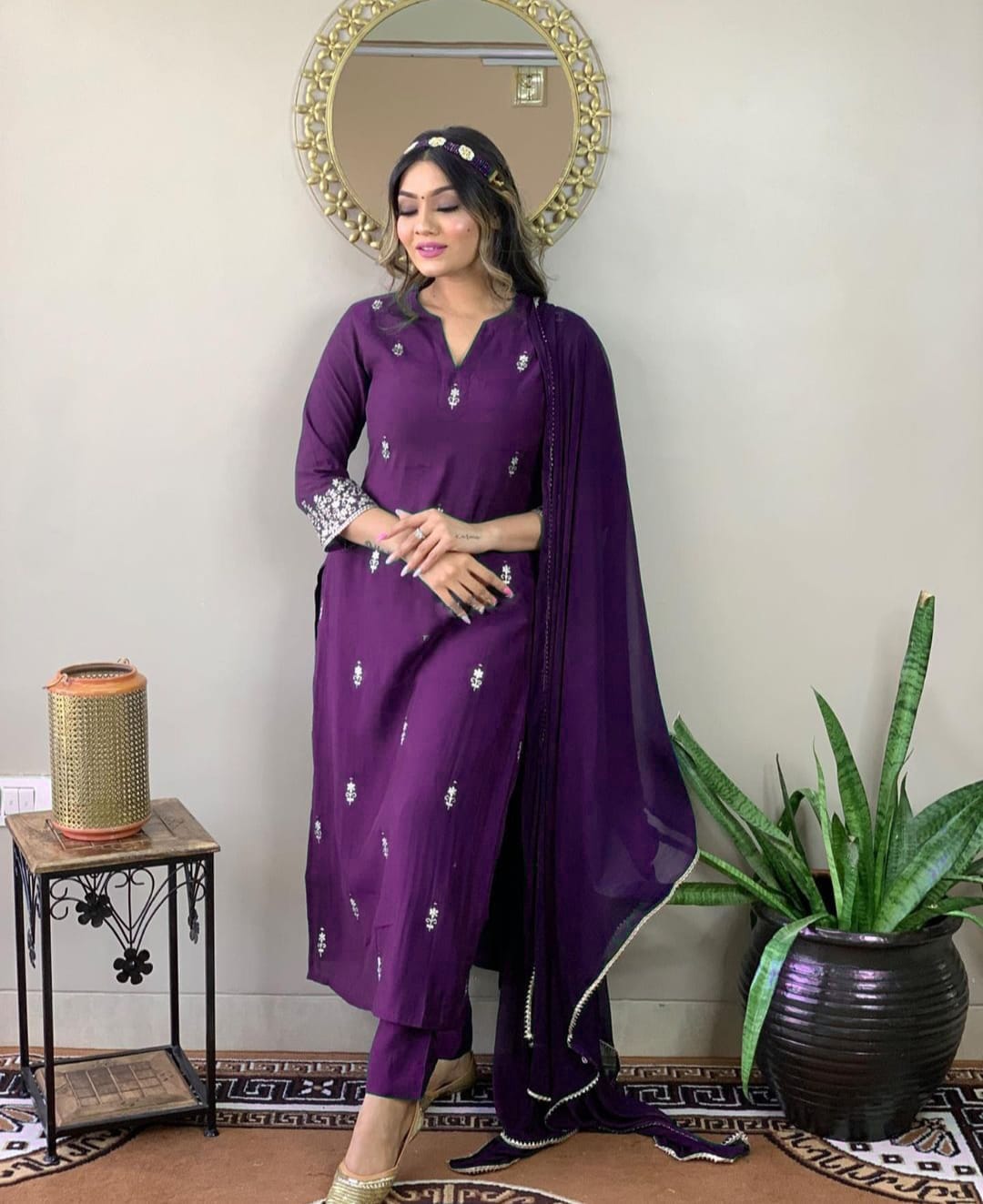 Purple Color Floral Embroidered Thread Work Kurta And Trousers With Dupatta