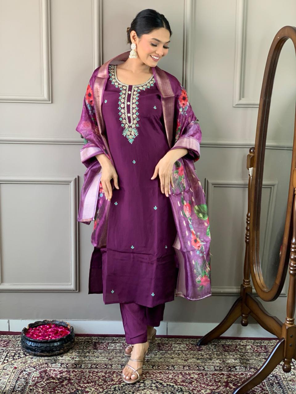 Women Wine Color Party Wear Embroidery Worked Kurta With Pant And Dupatta Set